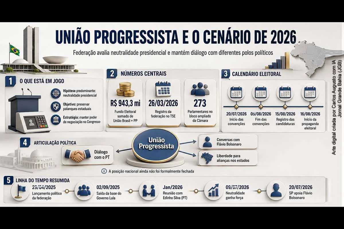 A Federação União Progressista, formada por União Brasil e PP, avalia adotar neutralidade na eleição presidencial de 2026 e liberar os palanques estaduais. Antonio Rueda e Ciro Nogueira buscam preservar candidaturas regionais e uma bancada parlamentar expressiva, enquanto Dr. Luizinho é apontado como interlocutor com o PT. A definição deverá ocorrer durante as convenções, em meio às negociações com Lula e Flávio Bolsonaro.