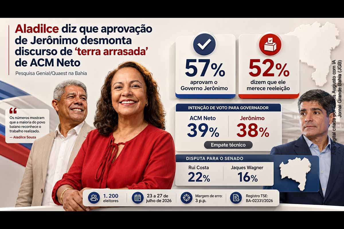 A vereadora Aladilce Souza afirmou que os 57% de aprovação do Governo Jerônimo contradizem o discurso de “terra arrasada” atribuído a ACM Neto. A Quaest também mostra que 52% defendem a reeleição do governador. Apesar disso, ACM Neto registra 39% e Jerônimo 38%, configurando empate técnico. Rui Costa e Jaques Wagner lideram a disputa pelo Senado, enquanto segurança e saúde concentram as principais avaliações negativas.
