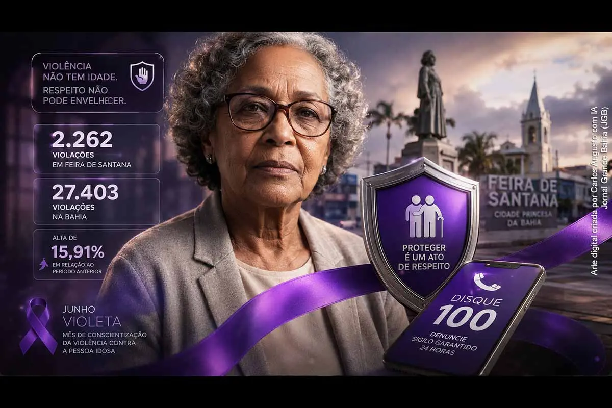 Feira de Santana registrou 2.262 violações contra pessoas idosas no primeiro semestre de 2026, segundo dados do MDHC. No mesmo período, a Bahia somou 27.403 registros, alta de 15,91% sobre 2025. A reportagem contextualiza o envelhecimento populacional, a campanha Junho Violeta, os canais de denúncia e a necessidade de atuação integrada entre famílias, sociedade, órgãos públicos e sistema de Justiça.