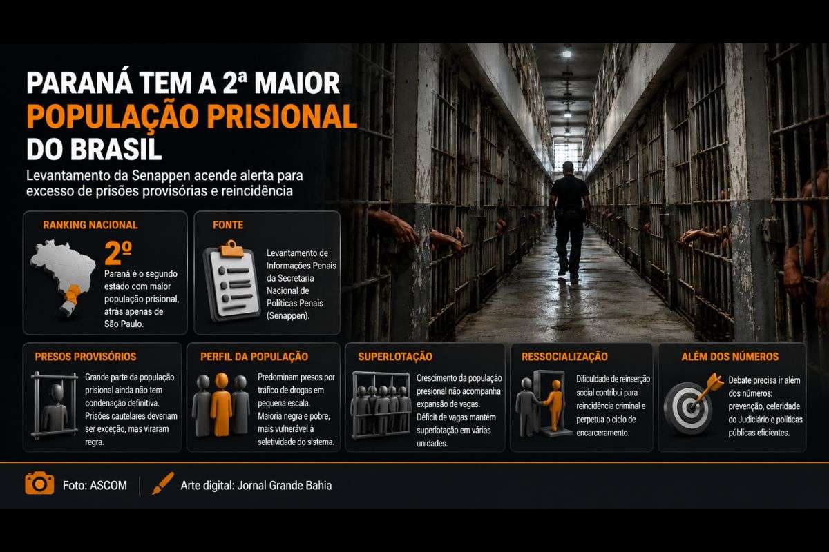 Levantamento da Senappen coloca o Paraná na segunda posição nacional em população carcerária e reacende o debate sobre prisões cautelares, superlotação e políticas de reintegração social.
