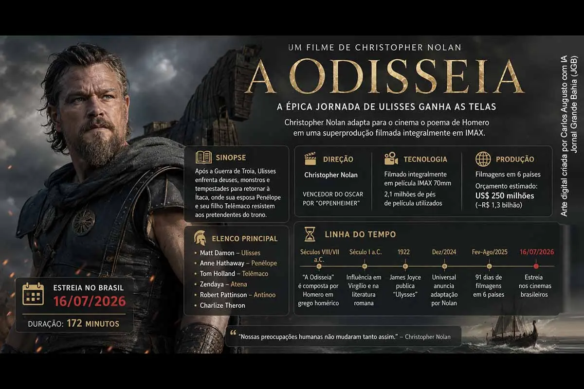 “A Odisseia”, de Christopher Nolan, estreia no Brasil nesta quinta-feira (16/07/2026), com Matt Damon como Ulisses e Anne Hathaway como Penélope. Filmada integralmente em película IMAX, a produção de US$ 250 milhões adapta o poema atribuído a Homero, composto entre os séculos VIII e VII a.C. O longa combina aventura mitológica, realismo visual, inovação tecnológica e temas universais como retorno ao lar, identidade, família e consequências da guerra.