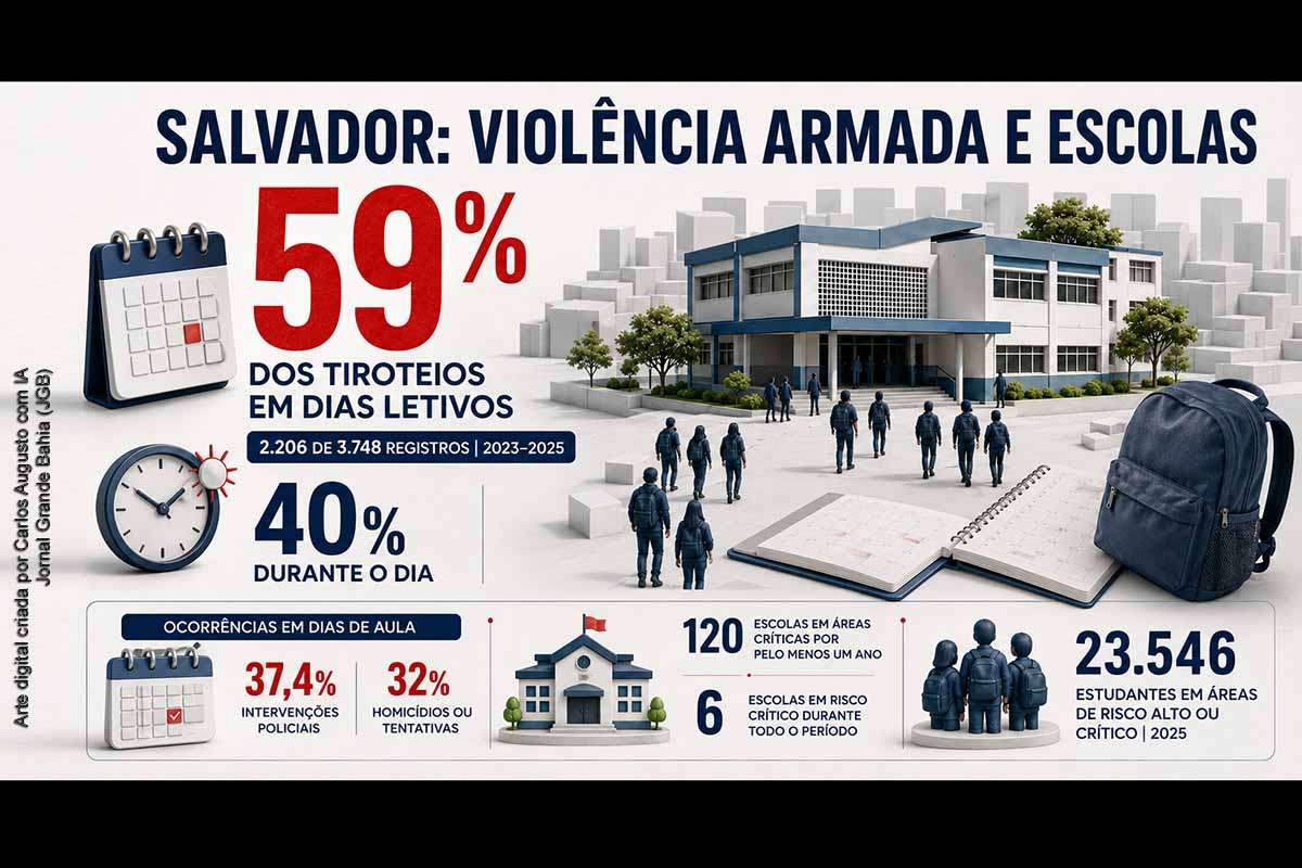 Relatório do Instituto Fogo Cruzado e da Iniciativa Negra mapeou 3.748 ocorrências de disparos em Salvador entre 2023 e 2025; 59% ocorreram em dias letivos. O estudo identificou 120 escolas em áreas críticas por ao menos um ano e 23.546 estudantes sob risco alto ou crítico em 2025. Os dados relacionam exposição armada, desigualdade racial e renda e recomendam ações públicas territorializadas e intersetoriais.