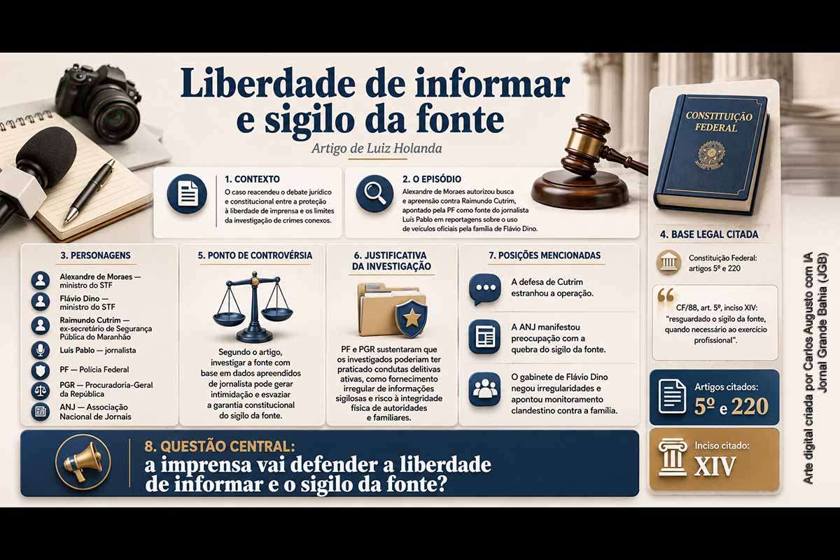O advogado e professor Luiz Holanda analisa a controvérsia envolvendo Alexandre de Moraes, Flávio Dino, Luís Pablo e Raimundo Cutrim e discute os limites entre investigação criminal e sigilo da fonte jornalística. O artigo contrapõe os argumentos da PF e da PGR às preocupações manifestadas pela ANJ e destaca as garantias previstas nos artigos 5º e 220 da Constituição Federal, apontando possíveis impactos sobre a liberdade de imprensa.