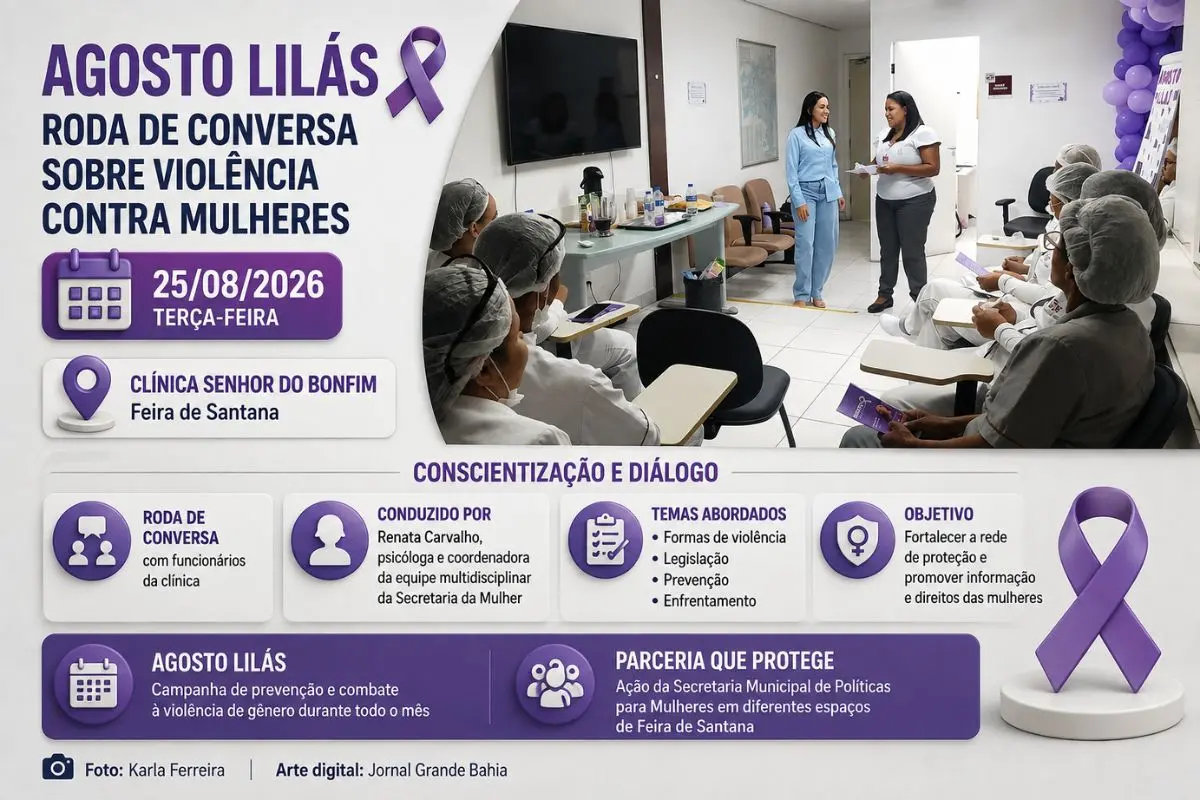 Atividade conduzida pela psicóloga Renata Carvalho abordou formas de violência, prevenção e mecanismos de proteção às mulheres em Feira de Santana.