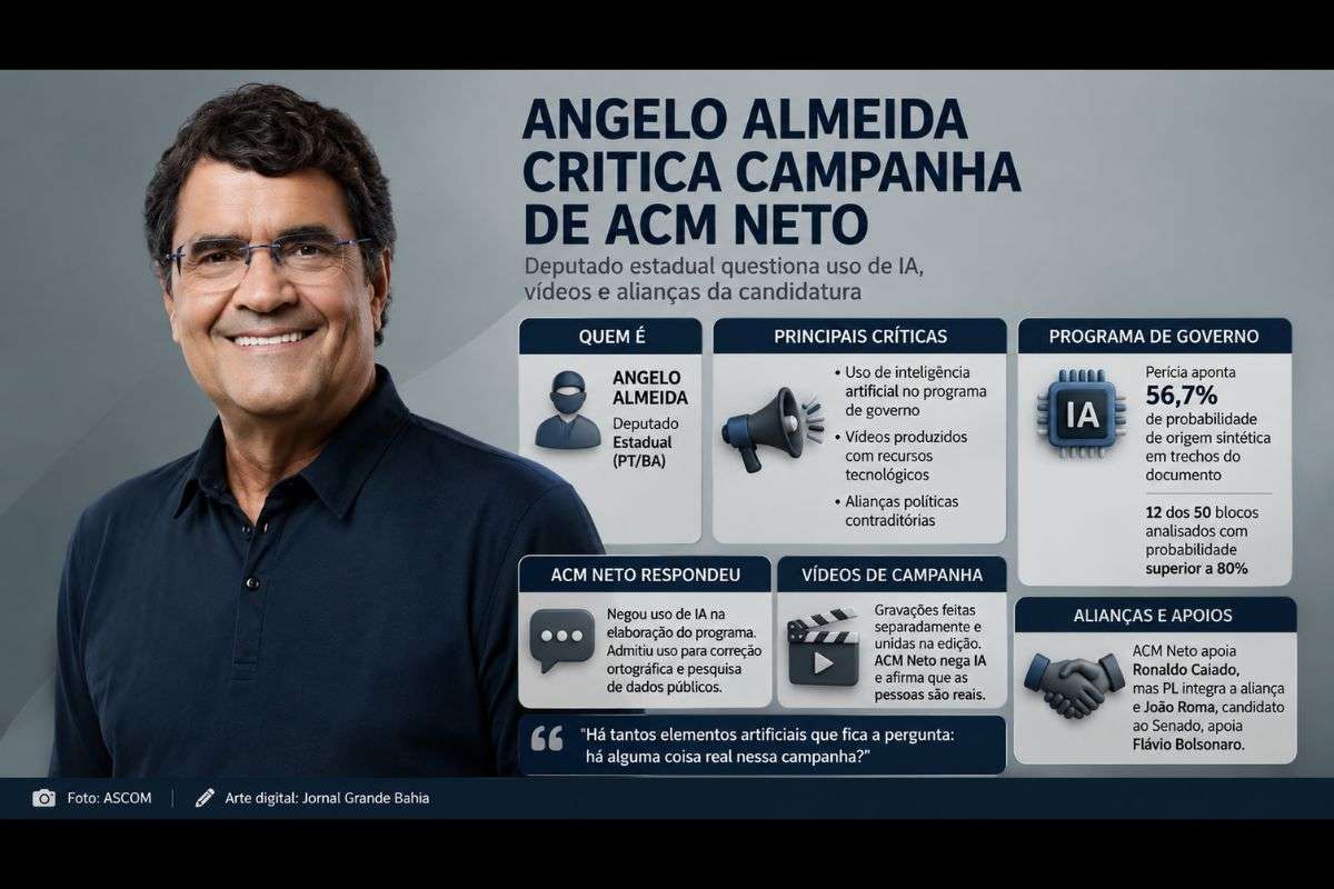Deputado estadual do PT cita perícia divulgada pela imprensa, uso de inteligência artificial e alianças políticas para criticar a campanha de ACM Neto nas eleições de 2026.