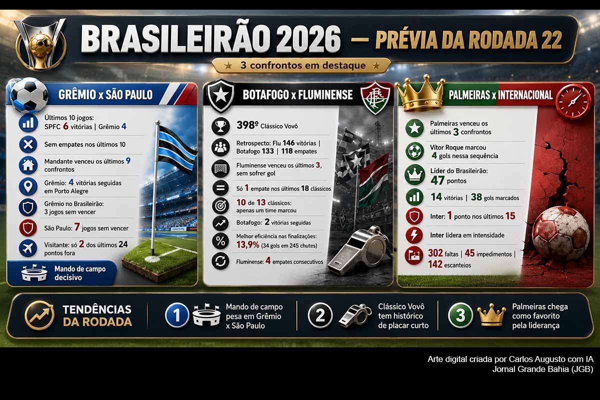 A 22ª rodada do Brasileirão 2026 reúne Grêmio x São Paulo e Botafogo x Fluminense no sábado (08/08), além de Palmeiras x Internacional no domingo (09/08). O Palmeiras lidera com 47 pontos, enquanto Fluminense e Botafogo disputam posições continentais. Grêmio e Internacional entram pressionados pela zona de rebaixamento, e o São Paulo tenta encerrar uma sequência de sete partidas sem vitória.