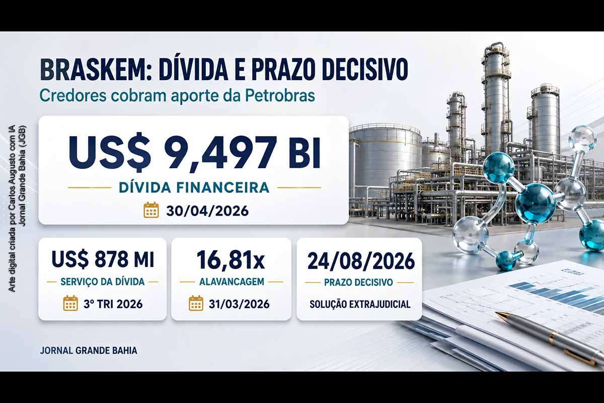 A Braskem negocia a reestruturação de uma dívida financeira de US$ 9,497 bilhões sob proteção judicial concedida em 26/06/2026. Credores pressionam a Petrobras por aporte, mas não existe compromisso confirmado. A empresa enfrenta alavancagem de 16,81 vezes, ratings críticos e prazo informado de 24/08/2026. Os próximos marcos são o balanço de 13/08, a teleconferência de 14/08 e a formalização do apoio dos credores.