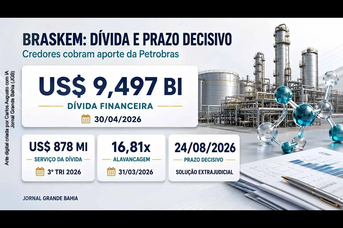 A Braskem negocia a reestruturação de uma dívida financeira de US$ 9,497 bilhões sob proteção judicial concedida em 26/06/2026. Credores pressionam a Petrobras por aporte, mas não existe compromisso confirmado. A empresa enfrenta alavancagem de 16,81 vezes, ratings críticos e prazo informado de 24/08/2026. Os próximos marcos são o balanço de 13/08, a teleconferência de 14/08 e a formalização do apoio dos credores.