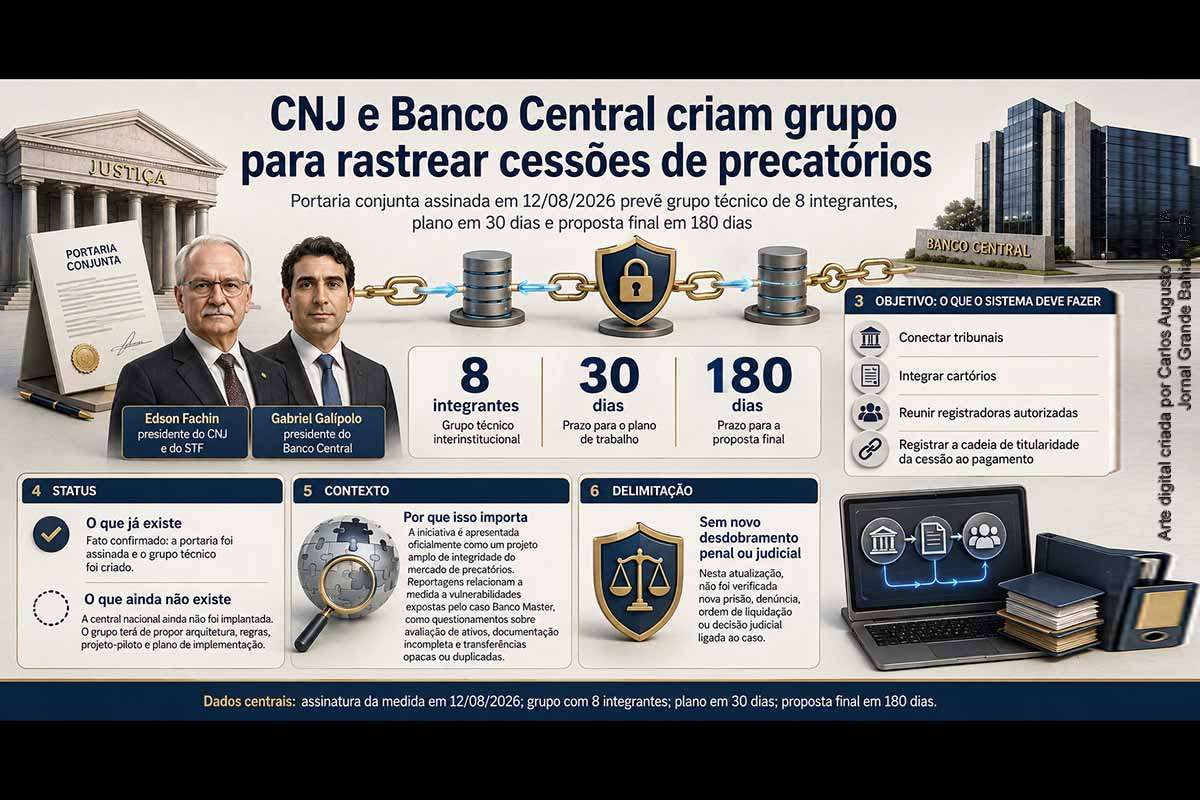 CNJ e Banco Central criam grupo de oito integrantes para desenvolver sistema nacional de rastreamento de precatórios, com plano em 30 dias e relatório em 180 dias. Iniciativa ganha relevância após fragilidades expostas nas operações investigadas do Banco Master.