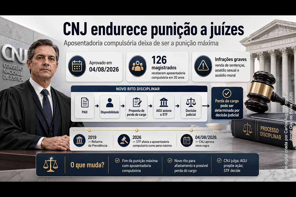 O CNJ extinguiu a aposentadoria compulsória como punição disciplinar máxima e criou a disponibilidade com proposta de perda do cargo para magistrados envolvidos em infrações graves. A Resolução nº 693/2026, editada após decisões do STF, prevê afastamento administrativo, reexame pelo Conselho e ação da AGU no Supremo para perda definitiva do cargo. Em duas décadas, o CNJ aplicou 126 aposentadorias compulsórias a magistrados.