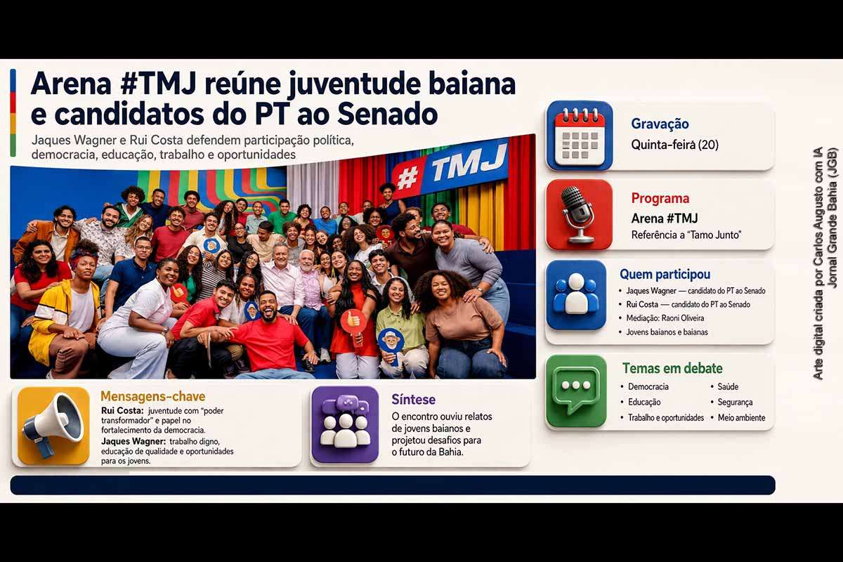 Os candidatos ao Senado pela Bahia Jaques Wagner e Rui Costa participaram, em 20/08/2026, da gravação do Arena #TMJ, mediada por Raoni Oliveira. Diante de jovens baianos, Rui destacou democracia e participação política, enquanto Wagner defendeu educação, trabalho digno e oportunidades. O encontro também abordou saúde, segurança e meio ambiente e colocou o protagonismo das novas gerações no centro do debate eleitoral.