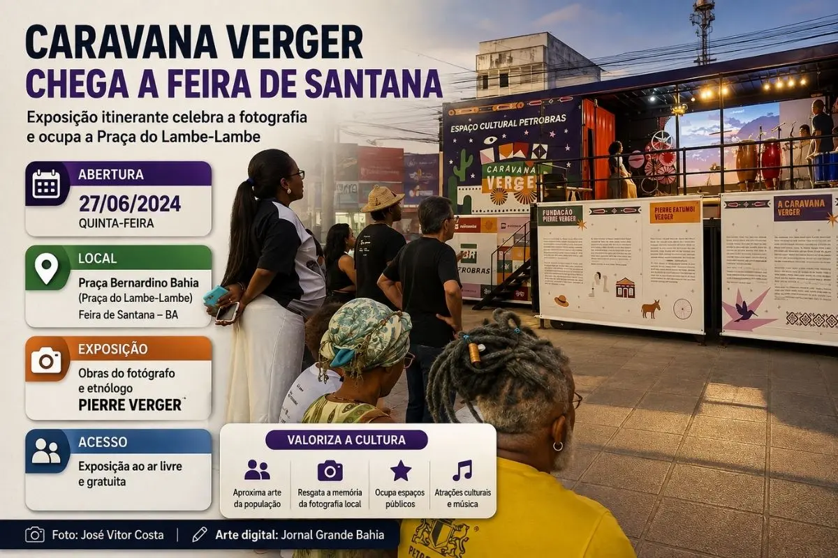 Exposição itinerante reúne obras de Pierre Verger em espaço público associado à memória dos fotógrafos Lambe-Lambe e à história cultural do município.