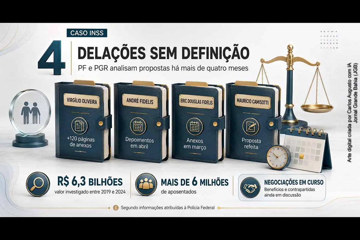 Quatro propostas de colaboração premiada ligadas às fraudes no INSS permanecem sem definição da PF e da PGR há mais de quatro meses. Virgílio Oliveira, André Fidelis, Eric Douglas Fidelis e Maurício Camisotti já apresentaram depoimentos ou anexos. As negociações ocorrem enquanto a Operação Sem Desconto apura um esquema estimado em R$ 6,3 bilhões, possíveis conexões políticas e falhas nos acordos que permitiram descontos sem autorização.