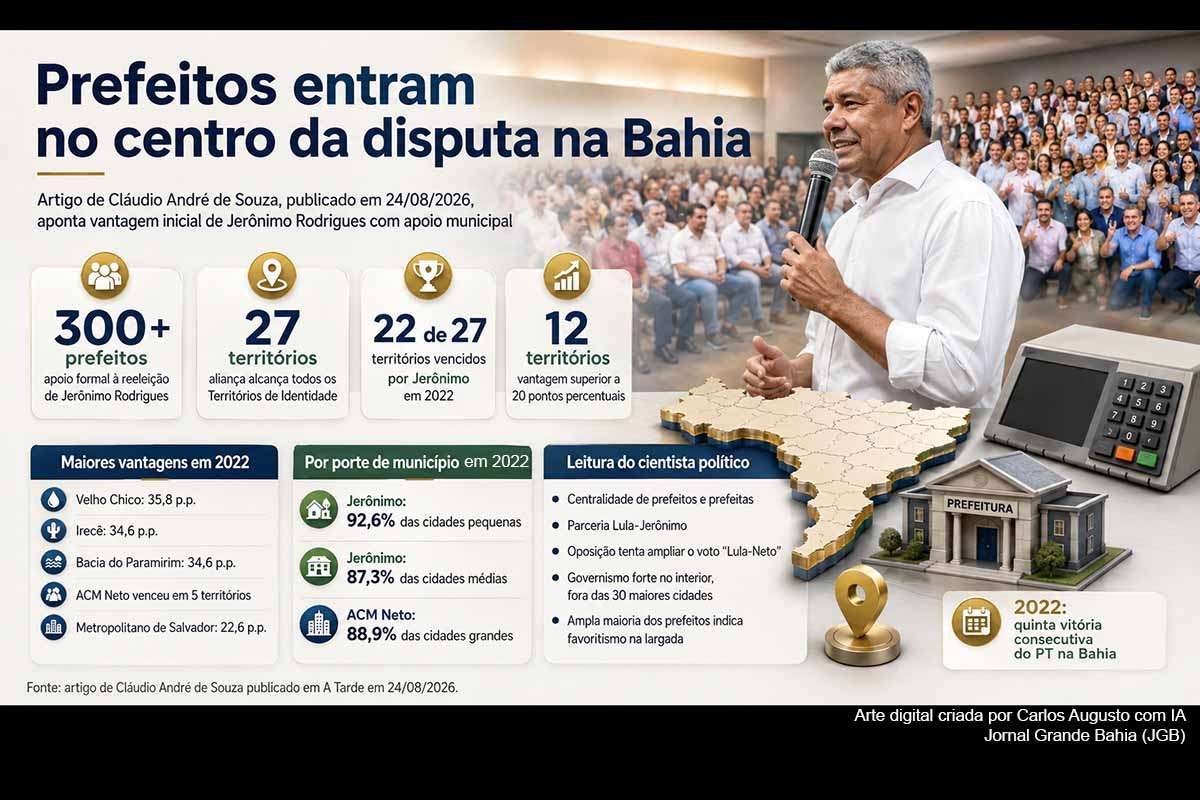 O cientista político Cláudio André de Souza analisa o peso de mais de 300 prefeitos que apoiam a reeleição de Jerônimo Rodrigues e relaciona a mobilização ao mapa eleitoral de 2022. Segundo os dados apresentados, Jerônimo venceu em 22 dos 27 territórios e predominou nas cidades pequenas e médias, enquanto ACM Neto foi mais forte nas grandes. A conversão dessa capilaridade política em votos será um dos pontos centrais da campanha de 2026.