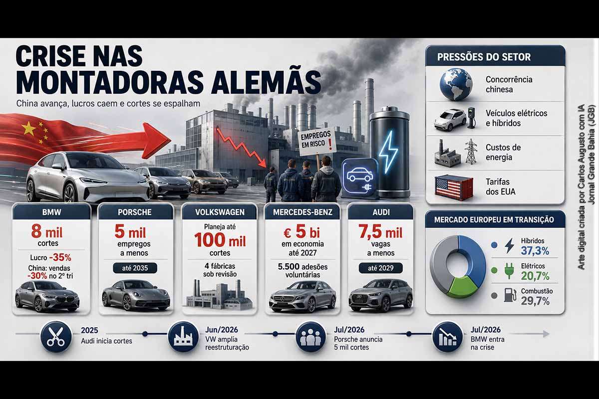 A BMW anunciou um programa que poderá reduzir 8 mil postos de trabalho e se juntou a Volkswagen, Porsche, Mercedes-Benz e Audi na reestruturação da indústria automobilística alemã. A queda das vendas na China, a redução dos lucros, as tarifas norte-americanas e a transição para veículos elétricos e híbridos pressionam as empresas. A concorrência chinesa, apoiada em baterias, software, escala e preços competitivos, alterou o equilíbrio global do setor.