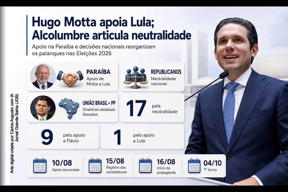 Hugo Motta declarou apoio à reeleição de Lula na Paraíba após o Republicanos adotar neutralidade nacional. Paralelamente, Davi Alcolumbre é apontado como articulador da posição independente de União Brasil e PP, movimento que limita as alianças de Flávio Bolsonaro. As decisões ampliam a autonomia dos palanques estaduais, afetam o tempo de propaganda eleitoral e revelam a recomposição das relações entre o Planalto e os presidentes do Congresso.