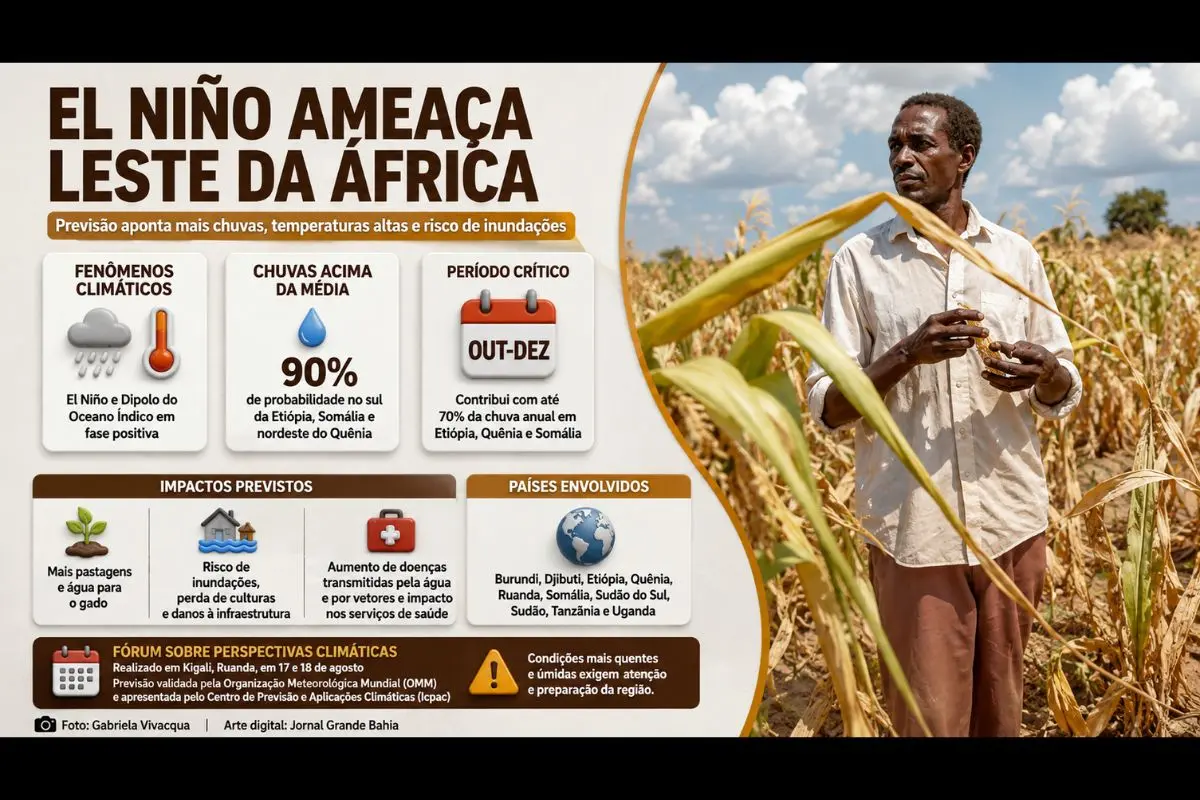 Previsão climática aponta chuvas acima da média e temperaturas elevadas no Corno de África durante o próximo trimestre.