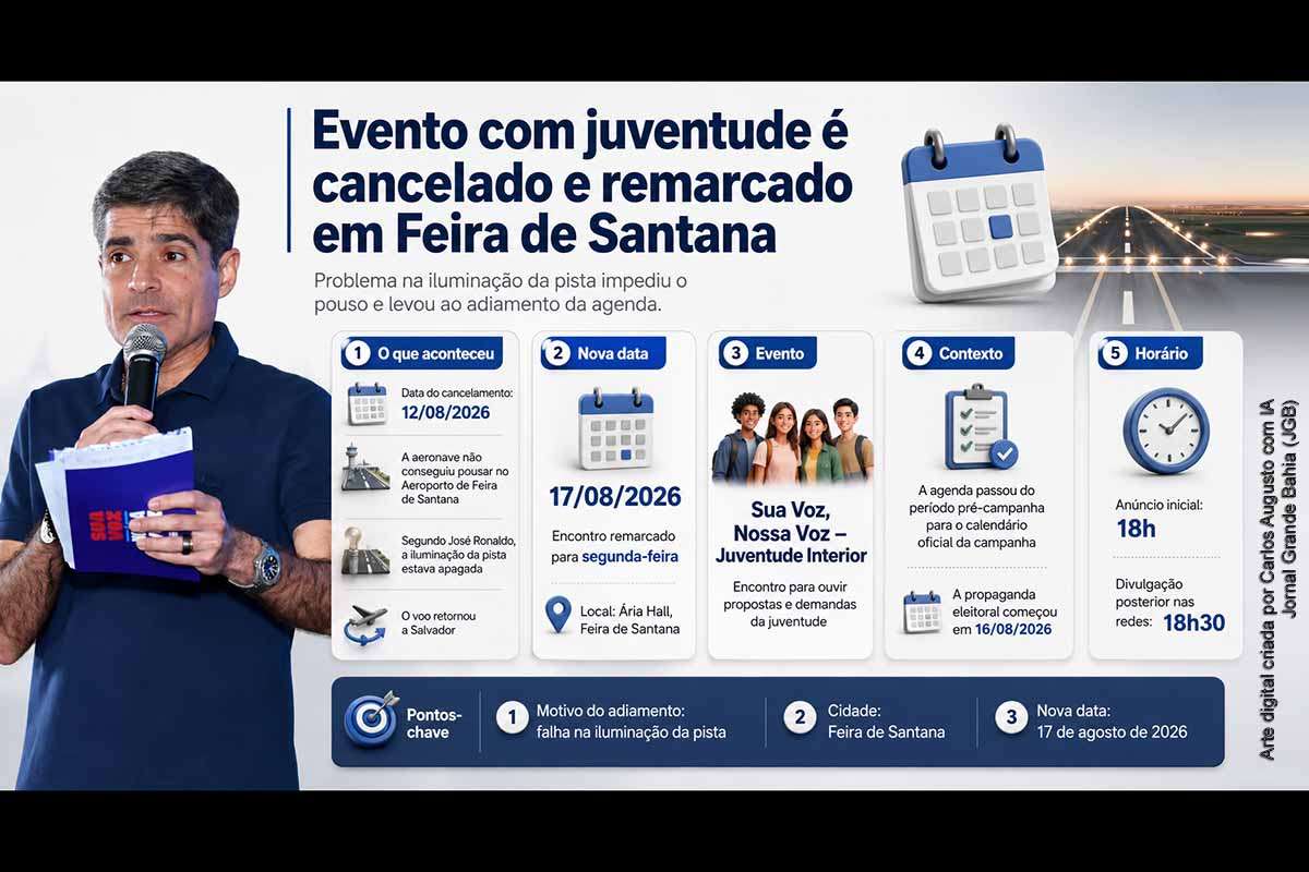 O encontro de ACM Neto com a juventude em Feira de Santana, previsto para 12/08/2026, foi adiado após a aeronave do candidato não conseguir pousar no aeroporto. Segundo José Ronaldo, a iluminação da pista estava apagada e o voo retornou a Salvador. A programação foi remarcada para 17/08, no Ária Hall, já após o início oficial da propaganda eleitoral, autorizado pelo TSE a partir de 16 de agosto.