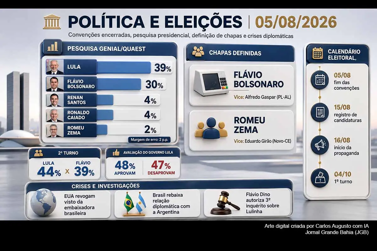Nesta quarta-feira, 05/08/2026, Lula liderou a Genial/Quaest com 39%, contra 30% de Flávio Bolsonaro, que anunciou Alfredo Gaspar como vice. Romeu Zema confirmou Eduardo Girão, enquanto terminou o prazo das convenções partidárias. A agenda política também foi marcada pela revogação do visto da embaixadora brasileira nos Estados Unidos, pelo rebaixamento da relação com a Argentina e por novo inquérito relacionado a Lulinha.