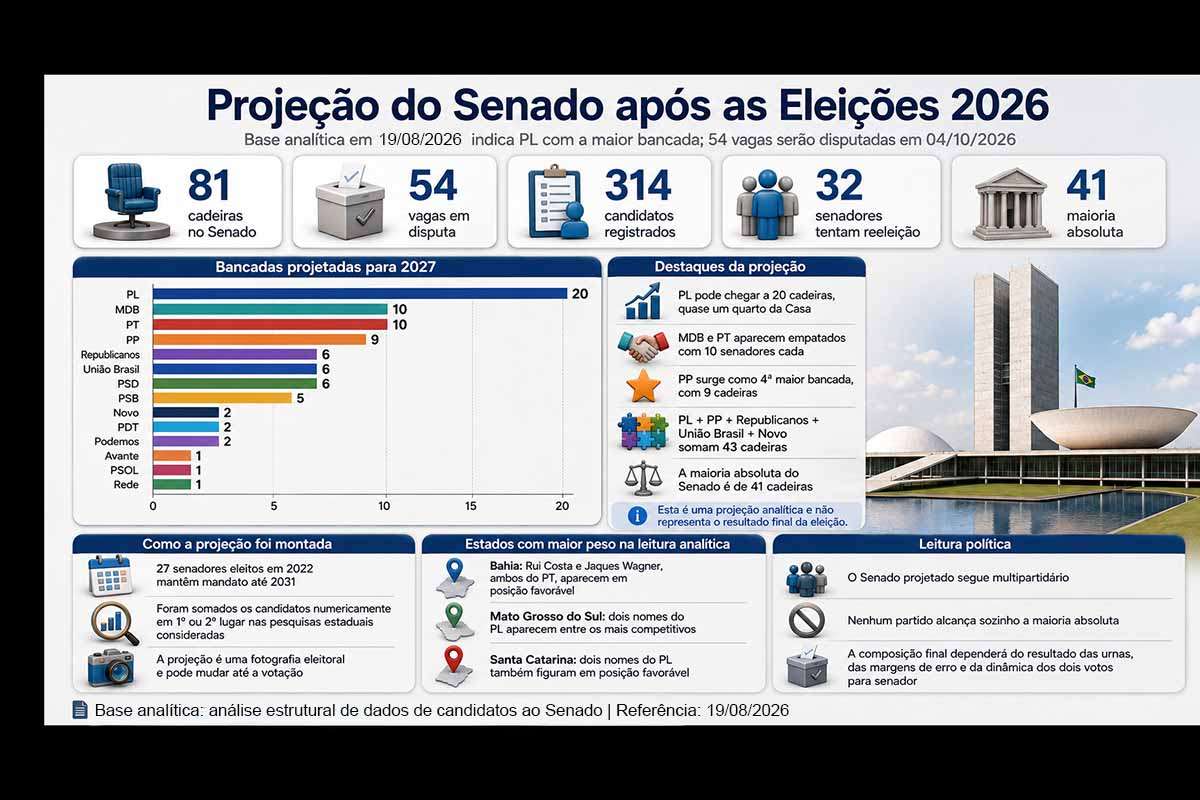 Projeção baseada em análise estrutural de dados indica que o PL poderá chegar a 20 das 81 cadeiras do Senado em 2027. MDB e PT teriam dez senadores cada; PP, nove; e Republicanos, União Brasil e PSD, seis cada. O cenário combina mandatos iniciados em 2023 com candidatos atualmente nas primeiras posições das pesquisas. Nas Eleições 2026, 314 concorrentes disputam 54 vagas, e 32 senadores buscam a reeleição.