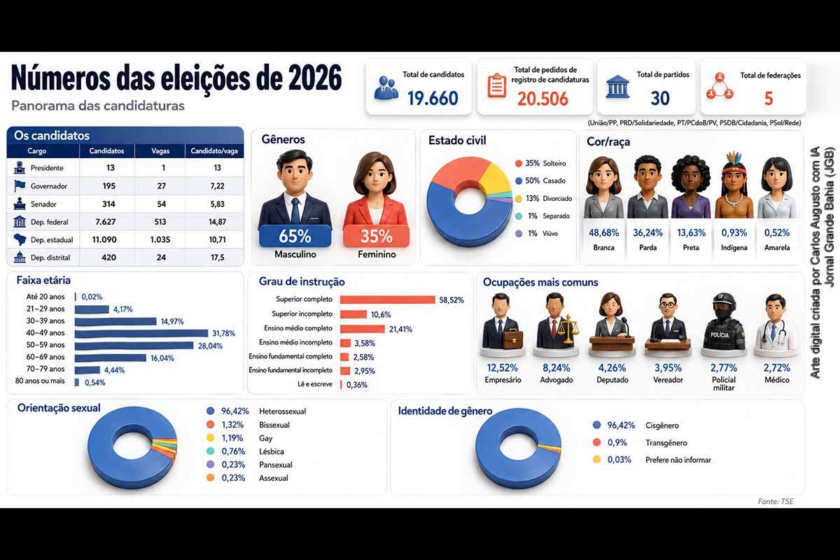 As Eleições 2026 registravam 20.506 pedidos de candidatura em 17/08, com participação de 30 partidos e cinco federações. A maior concorrência está na eleição para deputado distrital, com 17,5 candidatos por vaga. Homens representam 65% dos registros, candidatos de 40 a 59 anos somam 59,82% e 58,52% possuem ensino superior completo. Divergências numéricas no infográfico exigem conferência na base original do TSE.