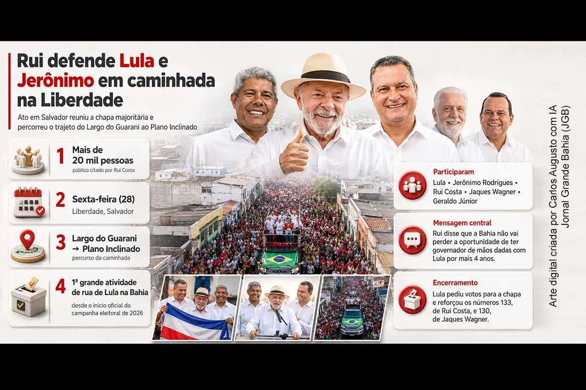 Rui Costa defendeu a reeleição de Lula e Jerônimo Rodrigues durante caminhada realizada na Liberdade, em Salvador, na sexta-feira (28/08/2026). O ato reuniu também Jaques Wagner e Geraldo Júnior e teve público estimado pelos organizadores em mais de 20 mil pessoas. A mobilização reforçou a estratégia de vincular as campanhas presidencial e estadual e promover os candidatos governistas ao Senado nas Eleições 2026.
