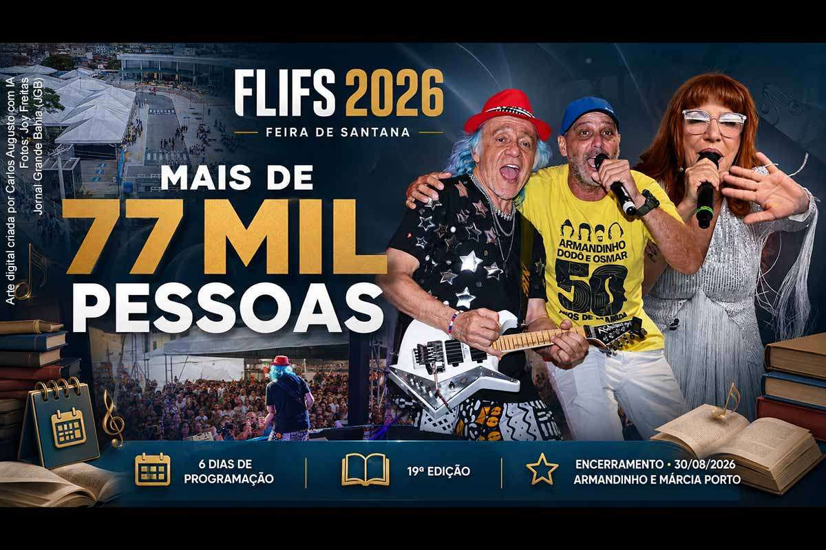 A 19ª edição do FLIFS terminou no domingo (30/08/2026), em Feira de Santana, após receber mais de 77 mil pessoas durante seis dias. Os shows de Márcia Porto e Armandinho encerraram uma programação com literatura, cordel, atividades escolares, Flifinha, artesanato e cosplay. Realizado pela UEFS e pelo Sesc, o festival deverá ter seus impactos avaliados a partir de informações complementares sobre público, investimentos e resultados educacionais.
