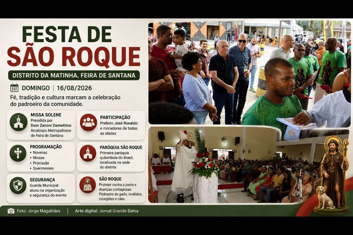 Celebração reuniu moradores, autoridades e comunidade católica neste domingo (16/08/2026), com missa solene, programação religiosa e participação da Guarda Municipal.