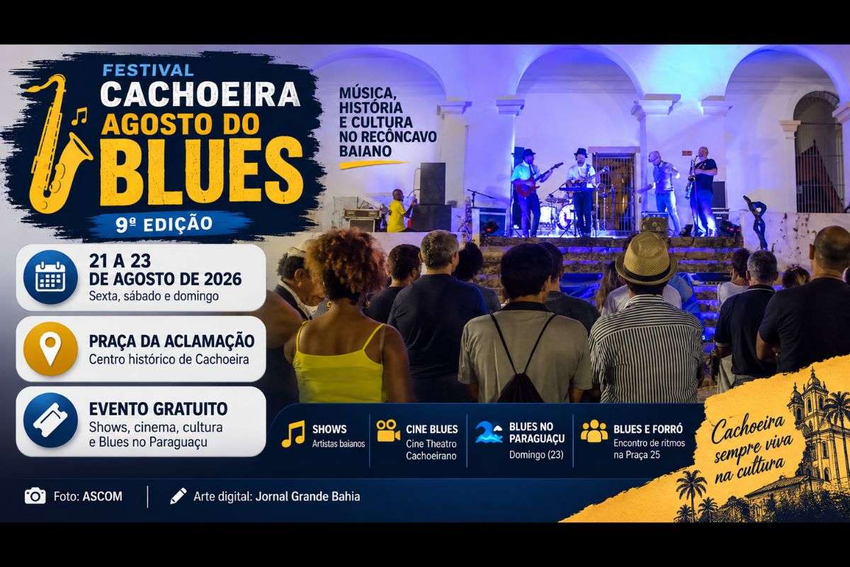 Festival será realizado de sexta-feira (21/08/2026) a domingo (23/08/2026), com apresentações na Praça da Aclamação, atividades culturais e o tradicional Blues no Paraguaçu.