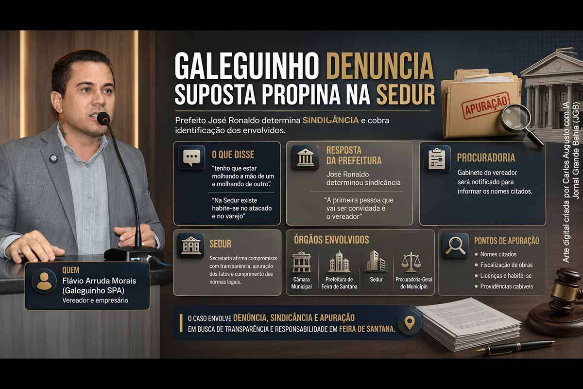 O vereador e empresário Galeguinho SPA afirmou que construtores precisam “molhar a mão” para obter fiscalização na Sedur de Feira de Santana. Em 19/08/2026, o prefeito José Ronaldo determinou sindicância e a Procuradoria notificou o parlamentar para identificar os envolvidos. A investigação deverá esclarecer nomes, pagamentos, valores, obras e processos, além de verificar eventuais responsabilidades administrativas, empresariais e penais, respeitando contraditório e garantias constitucionais.