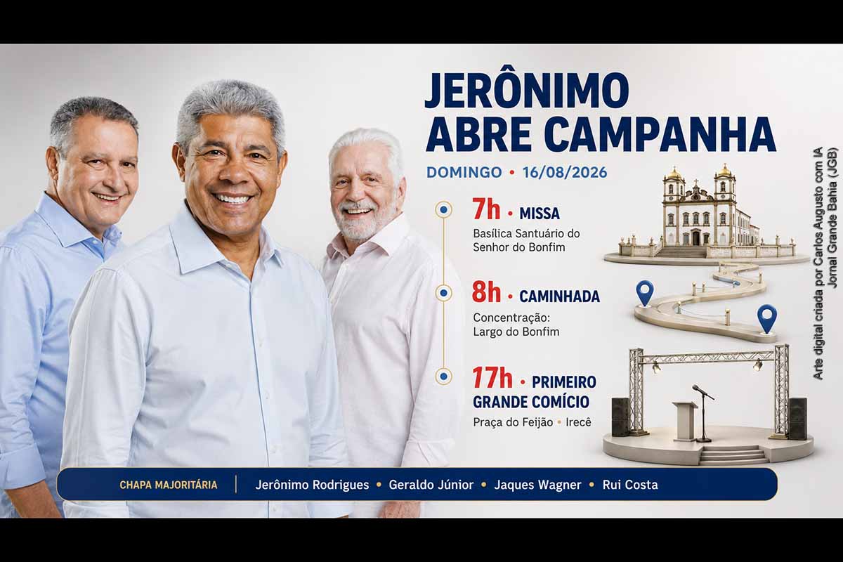 Jerônimo Rodrigues iniciará, no domingo (16/08/2026), a campanha à reeleição com missa e caminhada no Bonfim, em Salvador, e comício na Praça do Feijão, em Irecê. Geraldo Júnior, Jaques Wagner e Rui Costa participarão da programação. A agenda busca demonstrar unidade da chapa e mobilização territorial, mas ainda não apresenta estimativas de público, detalhes operacionais ou propostas que permitam avaliar o conteúdo programático da candidatura.