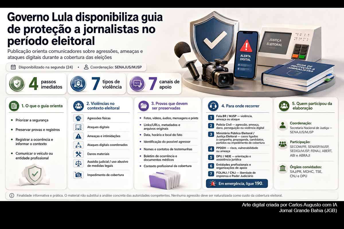 O Governo Federal, por meio do MJSP e da Senajus, lançou em 24/08/2026 um guia para orientar jornalistas durante as eleições. O documento aborda agressões físicas, ameaças, ataques digitais, assédio judicial e impedimento de cobertura, além de indicar procedimentos para segurança, preservação de provas e registro das ocorrências. Fala.BR, Polícia Civil, Ministério Público Eleitoral, PPDDH, DPU e entidades profissionais integram os canais relacionados para encaminhamento dos casos.