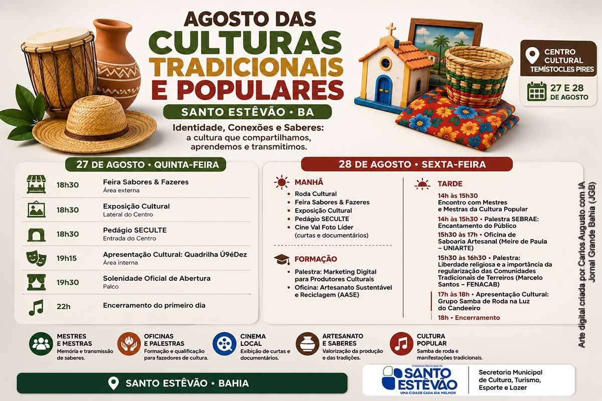 Santo Estêvão realiza em 27 e 28 de agosto de 2026 o Agosto das Culturas Tradicionais e Populares, no Centro Cultural Temístocles Pires. A programação reúne mestres da cultura popular, artistas, artesãos e comunidade, com oficinas, cinema, feira, debates e ações do SEBRAE. Entre os temas estão memória, transmissão de saberes, liberdade religiosa e comunidades de terreiros. O encerramento terá apresentação do Samba de Roda na Luz do Candeeiro.