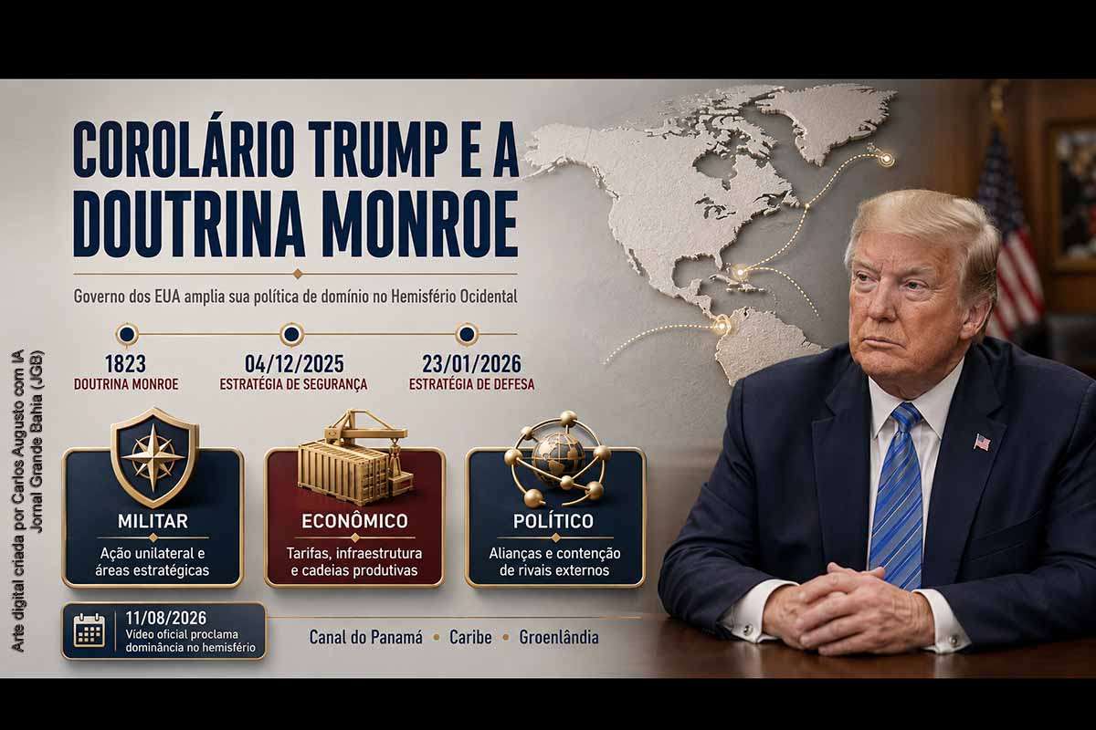 Vídeo divulgado pelo Departamento de Estado em 11/08/2026 proclama a dominância dos Estados Unidos nas Américas e sintetiza o Corolário Trump à Doutrina Monroe. Formalizada nas estratégias de Segurança Nacional e de Defesa, a política reúne força militar, combate aos cartéis, controle migratório, tarifas, infraestrutura e contenção da China. A orientação provoca resistência de democratas, do Brasil e do México e amplia o debate sobre soberania regional.