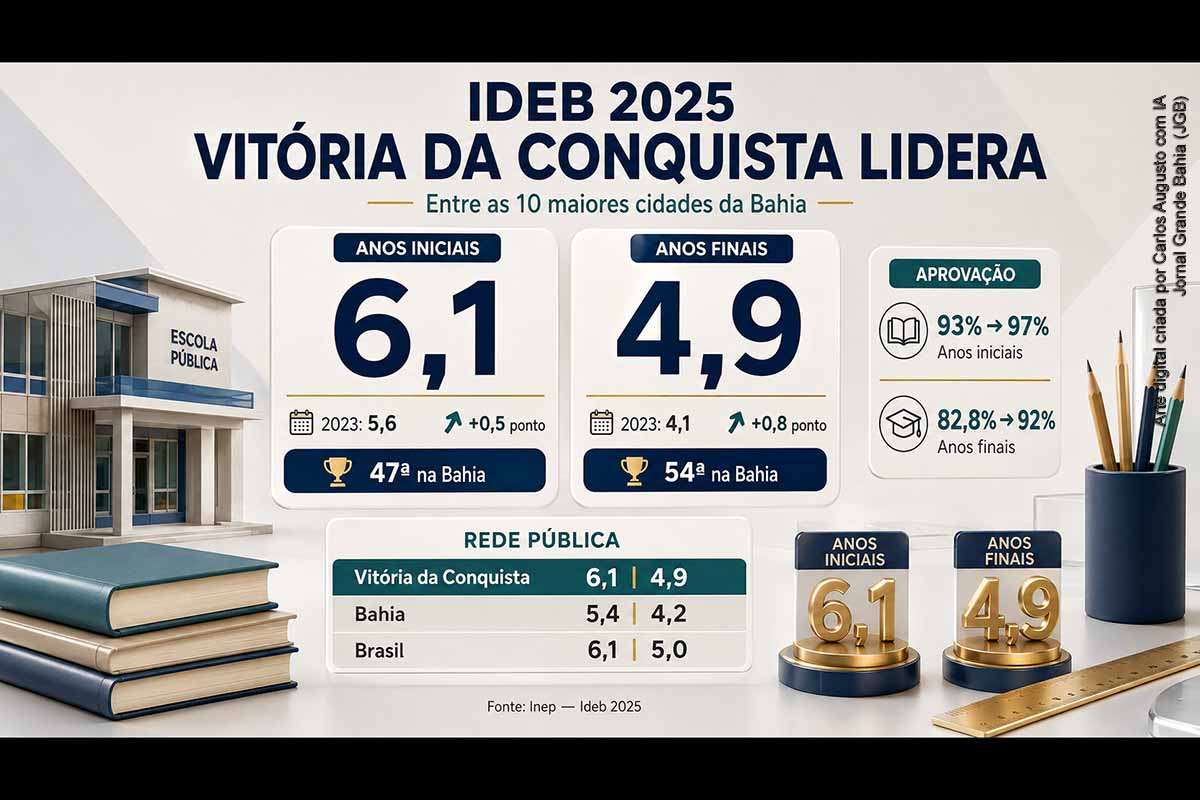 Vitória da Conquista alcançou notas 6,1 nos anos iniciais e 4,9 nos anos finais do Ideb 2025, liderando as dez cidades mais populosas da Bahia. No ranking das redes municipais com dados publicados, ocupa a 47ª e a 54ª posições. A análise mostra crescimento simultâneo da aprendizagem, das taxas de aprovação e do indicador de rendimento.