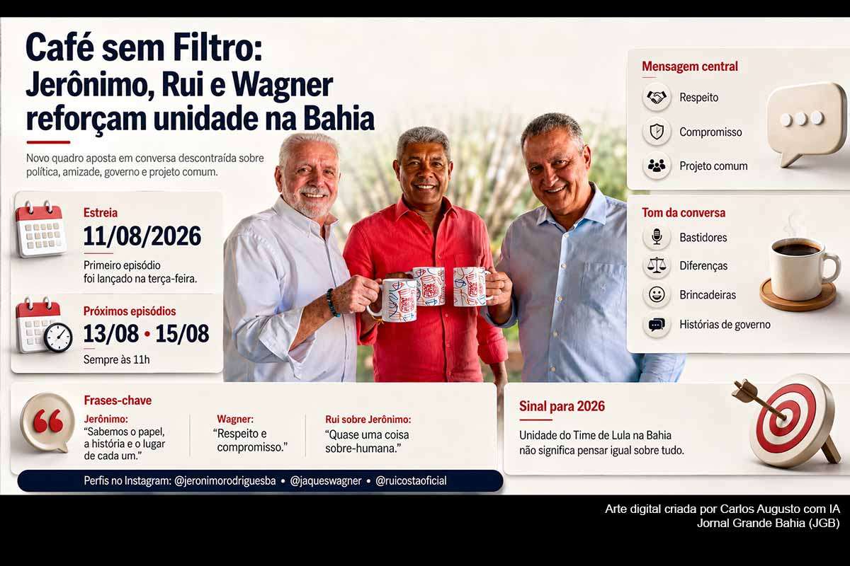 Jerônimo Rodrigues, Rui Costa e Jaques Wagner estrearam em 11/08/2026 o “Café sem Filtro”, quadro de comunicação política baseado em conversas informais, memórias e bastidores. No primeiro episódio, os três atribuíram a longevidade da parceria ao respeito às diferenças e ao compromisso com um projeto comum. A iniciativa reforça a mensagem de unidade do grupo na Bahia em 2026. Novos episódios estão previstos para 13 e 15 de agosto, às 11h.