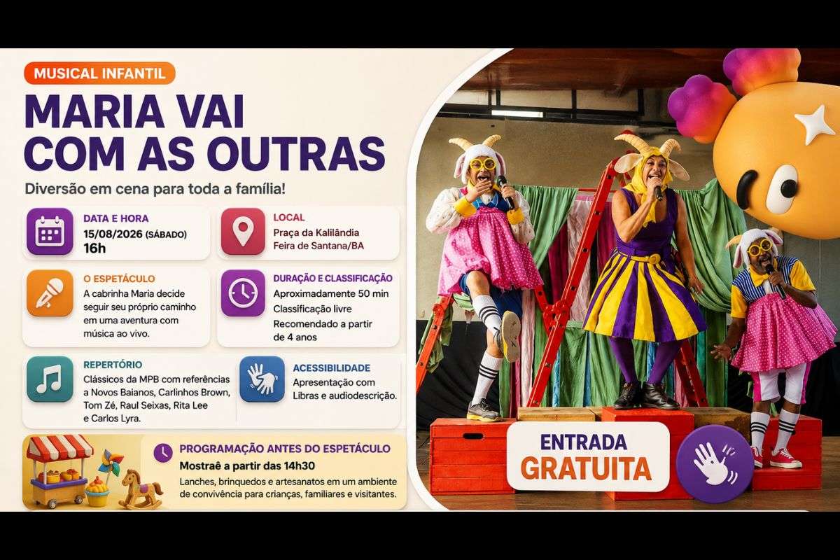 Espetáculo começa às 16h, na Praça da Kalilândia, com música ao vivo, acessibilidade em Libras e audiodescrição e programação cultural a partir das 14h30.