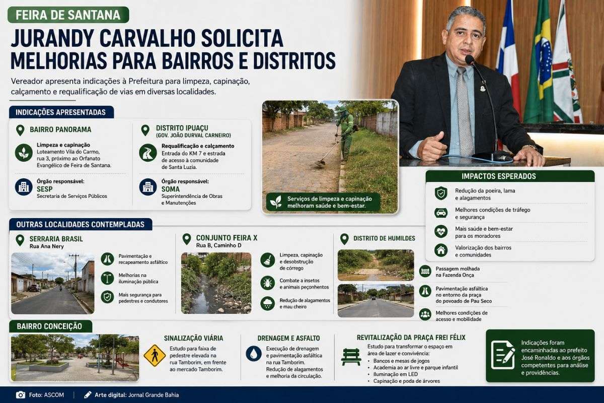Indicações apresentadas na Câmara Municipal cobram intervenções em vias, áreas públicas e estruturas de mobilidade de diferentes localidades do município.