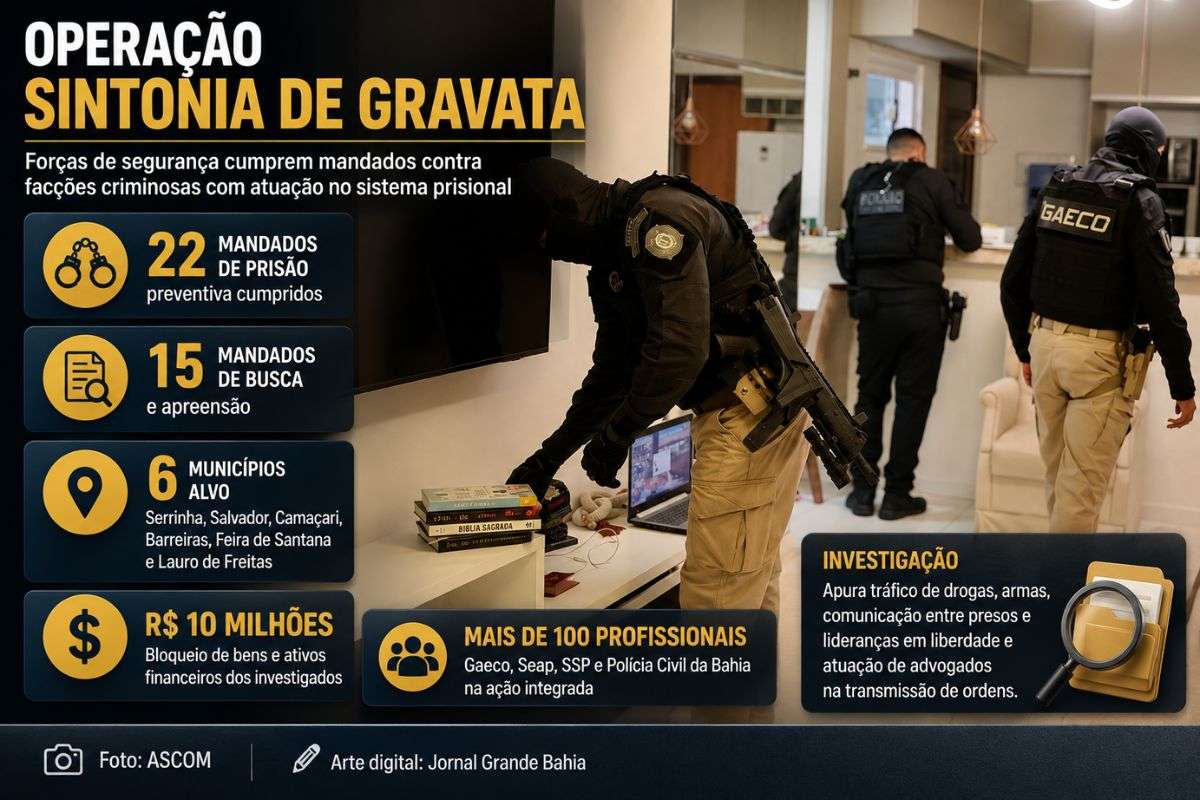 Operação integrada cumpriu mandados de prisão e busca em seis municípios baianos, bloqueou bens de investigados e apura atuação de facções criminosas com influência no sistema prisional.