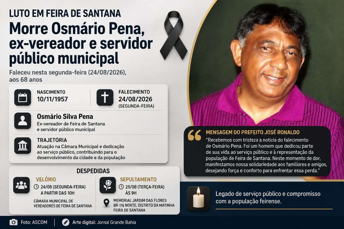 Ex-vereador e servidor público municipal morreu aos 68 anos; cerimônias de despedida serão realizadas em Feira de Santana.