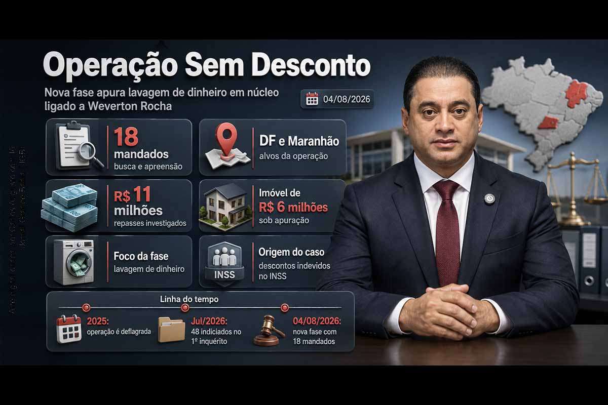 A Polícia Federal cumpriu 18 mandados no Distrito Federal e no Maranhão em nova fase da Operação Sem Desconto. A investigação apura suspeitas de lavagem de dinheiro, repasses superiores a R$ 11 milhões, um imóvel de R$ 6 milhões e movimentações empresariais ligadas ao entorno do senador Weverton Rocha. As defesas negam irregularidades, enquanto PF, PGR e STF divergem sobre a necessidade e a extensão das medidas cautelares.