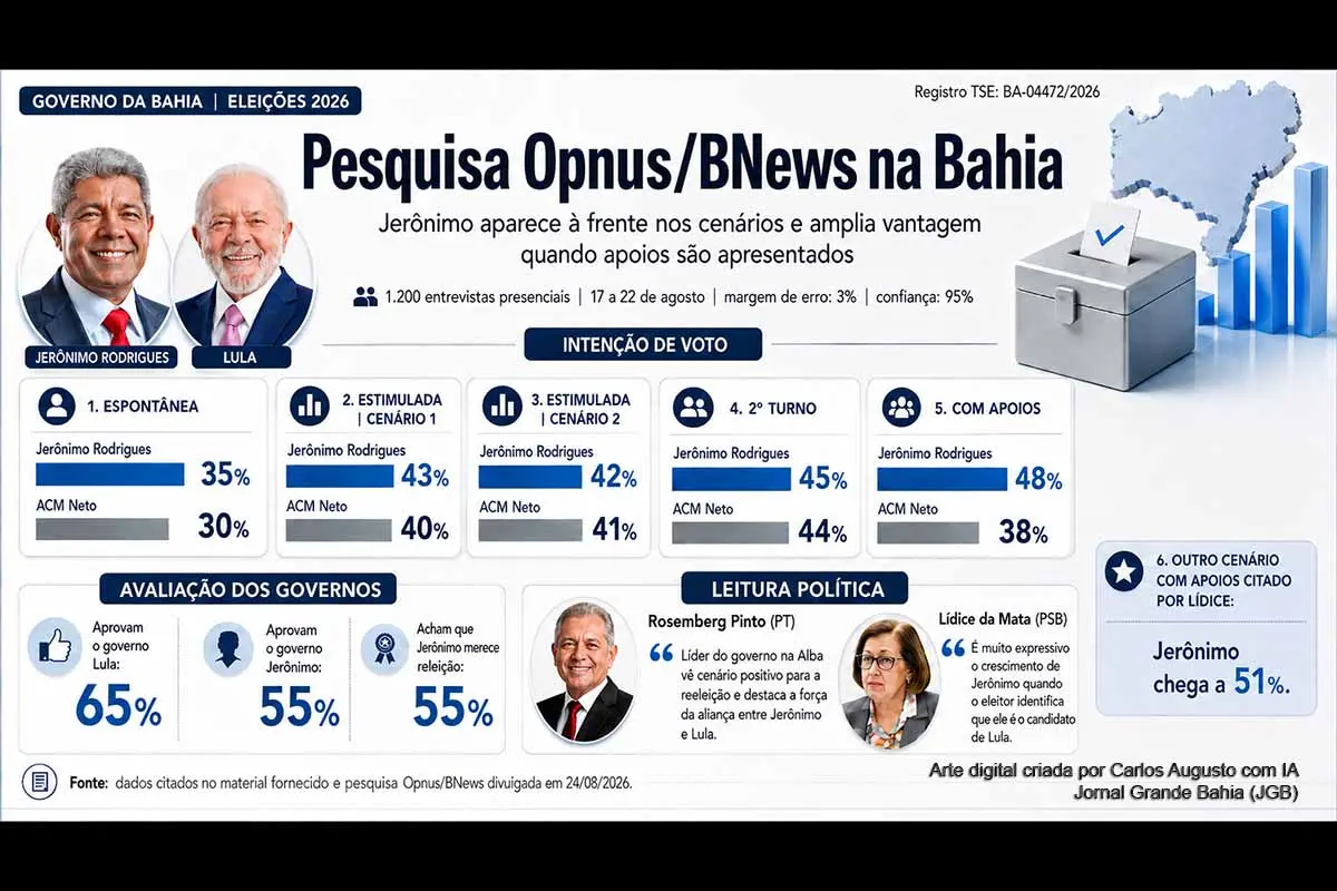 A pesquisa Opnus apresenta Jerônimo Rodrigues numericamente à frente de ACM Neto nos cenários citados, com 35% a 30% na espontânea e 48% a 38% quando apoios políticos são apresentados. Rosemberg Pinto e Lídice da Mata atribuem parte do desempenho à força de Lula. O levantamento também registra aprovação dos governos, enquanto dados metodológicos não incluídos nas informações disponíveis exigem cautela na interpretação das diferenças.