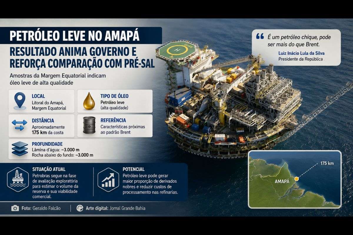 Análises de amostras retiradas pela Petrobras no litoral do Amapá identificaram óleo leve, característica associada a maior proporção de derivados nobres e que ainda será submetida a estudos para determinar o potencial comercial da área.