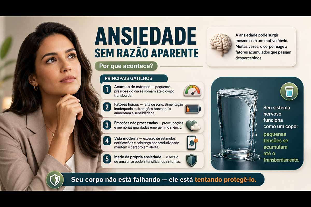 A ansiedade pode surgir mesmo quando não existe ameaça evidente porque o sistema nervoso reage ao acúmulo de estresse, à privação de sono, às alterações hormonais e a emoções não processadas. A reportagem explica como a hiperconectividade e a pressão por produtividade mantêm o organismo em alerta, apresenta técnicas de respiração, aterramento e registro de padrões e destaca que sintomas persistentes, intensos ou incapacitantes exigem avaliação de um profissional de saúde.