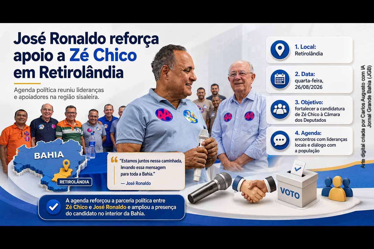 O candidato a deputado federal Zé Chico cumpriu agenda em Retirolândia, na quarta-feira (26/08/2026), acompanhado pelo prefeito de Feira de Santana, José Ronaldo, que reafirmou apoio à candidatura. Os compromissos reuniram lideranças e apoiadores e integram a estratégia de expansão da campanha pelo interior da Bahia. A movimentação ocorre durante o período oficial das Eleições 2026, cujo primeiro turno será realizado em 04/10/2026.