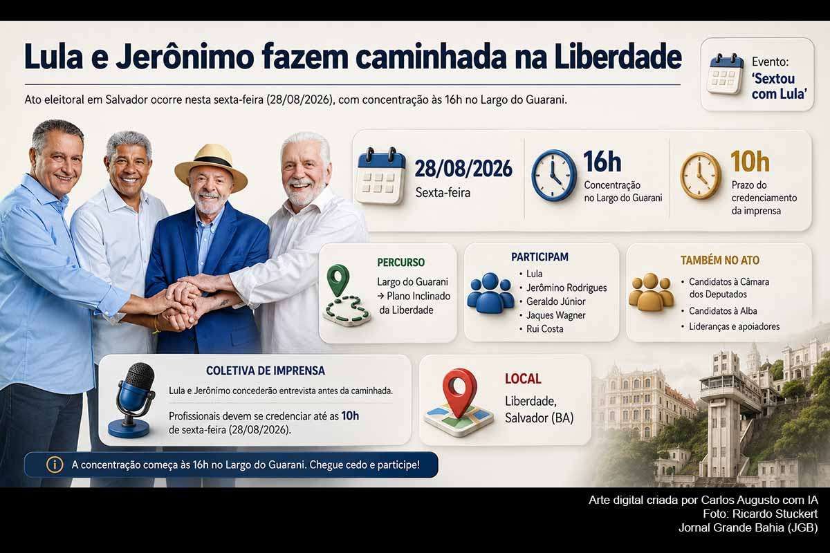 O presidente Lula e o governador Jerônimo Rodrigues, candidatos à reeleição, participam nesta sexta-feira (28/08/2026) de caminhada na Liberdade, em Salvador. O ato começa às 16h, no Largo do Guarani, e segue até o Plano Inclinado. Geraldo Júnior, Jaques Wagner e Rui Costa estão entre os participantes anunciados. A agenda integra a campanha eleitoral na Bahia e terá atendimento prévio à imprensa.