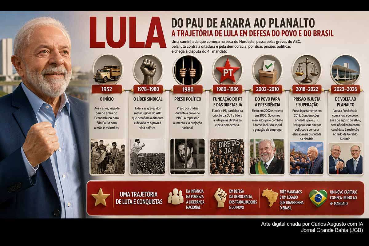 O PT oficializou o presidente Lula e o vice-presidente Geraldo Alckmin como candidatos à reeleição nas Eleições 2026. A reportagem reconstrói a trajetória de Lula desde a infância em Pernambuco, a migração para São Paulo, as greves do ABC e a fundação do PT até os três mandatos presidenciais, a prisão de 2018, as decisões do STF, a vitória de 2022 e a tentativa de conquistar um quarto mandato.