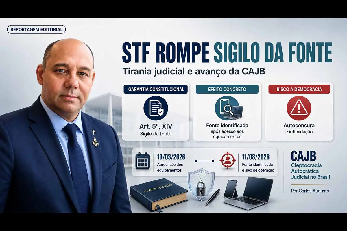 A identificação de uma fonte jornalística a partir de equipamentos apreendidos de Luís Pablo expôs uma ruptura concreta da proteção prevista na Constituição. Esta reportagem editorial sustenta que o episódio ultrapassa uma investigação individual, intimida fontes, enfraquece a imprensa e consolida uma forma de tirania judicial associada à Cleptocracia Autocrática Judicial no Brasil, conceito crítico aplicado à concentração e à apropriação corporativa do poder estatal.