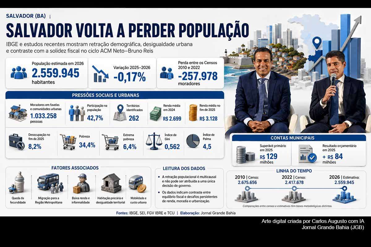 Salvador voltou a registrar redução populacional em 2026, com 2.559.945 habitantes, após perder cerca de 258 mil moradores entre 2010 e 2022. A análise dos governos ACM Neto e Bruno Reis revela contraste entre solidez fiscal, investimentos e problemas persistentes de renda, desigualdade, favelização, mobilidade e ocupação urbana. O fenômeno é multicausal e exige acompanhamento de políticas habitacionais, econômicas, ambientais e metropolitanas.