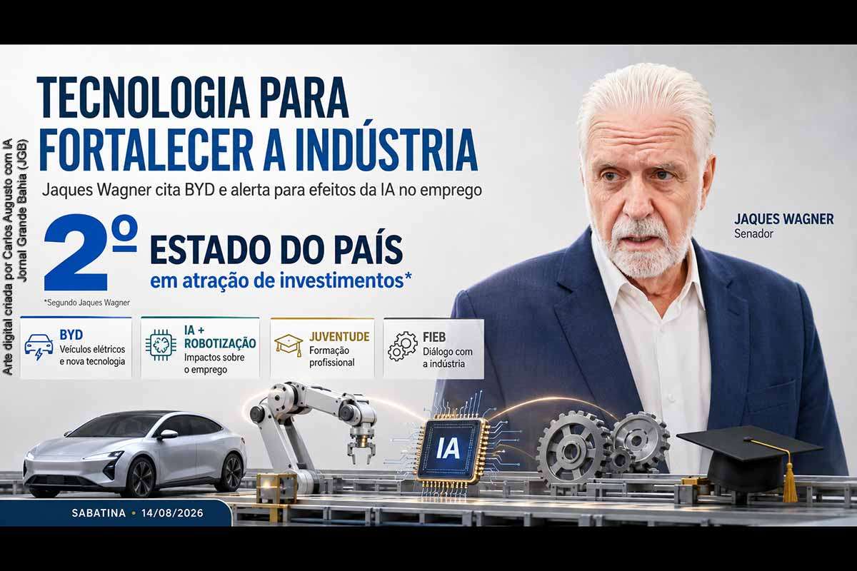 Em sabatina do Jornal A TARDE, em 14/08/2026, o senador Jaques Wagner defendeu investimento em tecnologia, inovação e formação profissional para fortalecer a indústria da Bahia e do Brasil. Ele citou a BYD, alertou para a substituição de trabalhadores pela automação e pela inteligência artificial e propôs diálogo com a FIEB. A próxima etapa exige metas, orçamento, responsabilidades institucionais e indicadores capazes de medir os resultados.